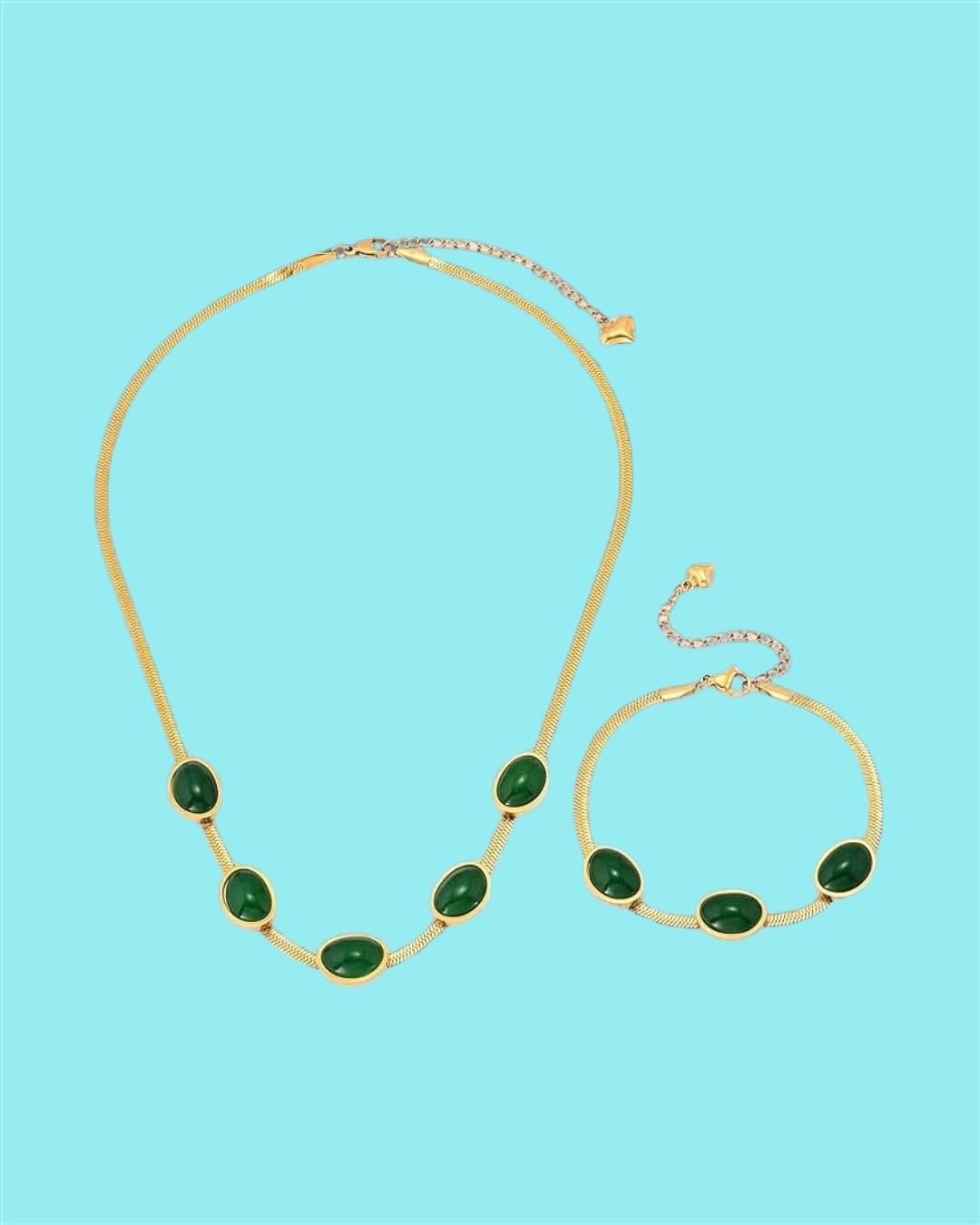 💚 Oval Green Crystal Pendant Necklace Set with Bracelet