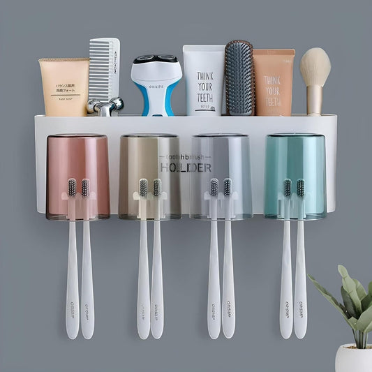 🦷 Wall-Mounted Plastic Toothbrush Holder with 8 Slots & 4 Cartoon Cups (Pack of 1)